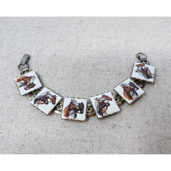 Jewelry - Vintage Equestrian Horse Portrait Porcelain Tile Link Bracelet Gold Tone 7.5in